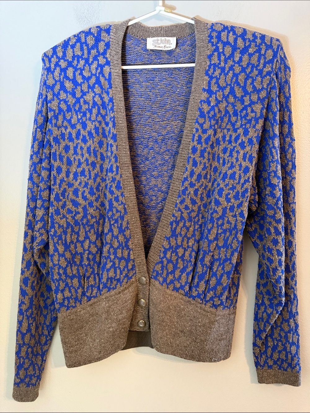 St. John Vintage 1980's Blue & Gray Wool V-Neck Sweater Cardigan Size 10